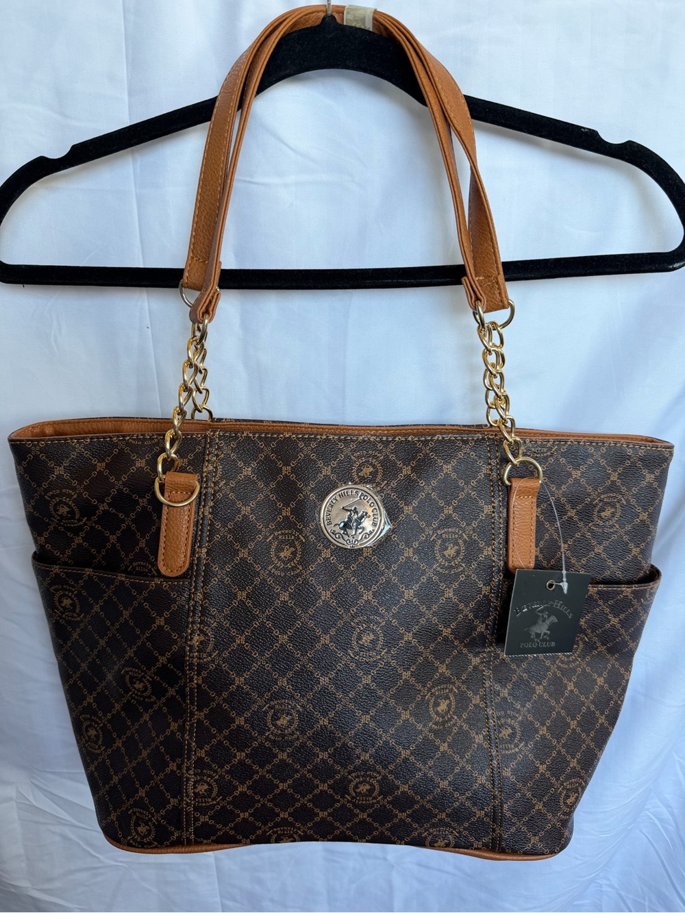 Beverly Hills Polo Club Brown & Tan Monogram Tote with Chain Straps